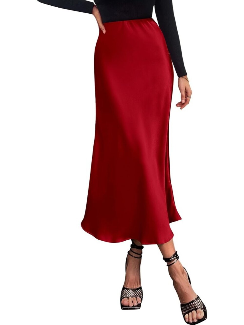 Women Dark Red Polyester Elastane High Waist Satin Lightweight A-Line Long Skirt